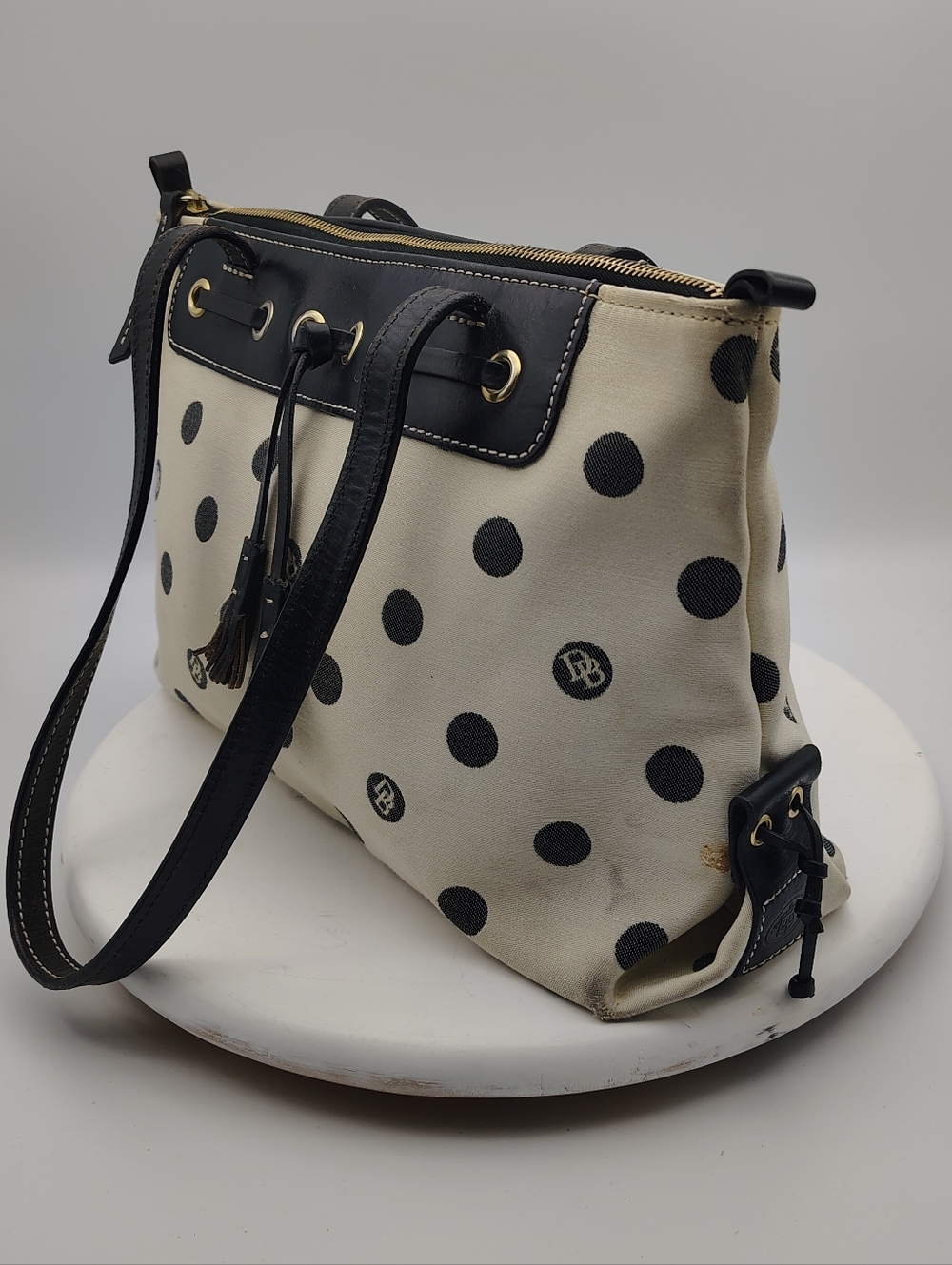 Dooney & Bourke Polka Dot Tote Bag with Tassel Detail - Black and Cream Combo - Picture 4 of 15